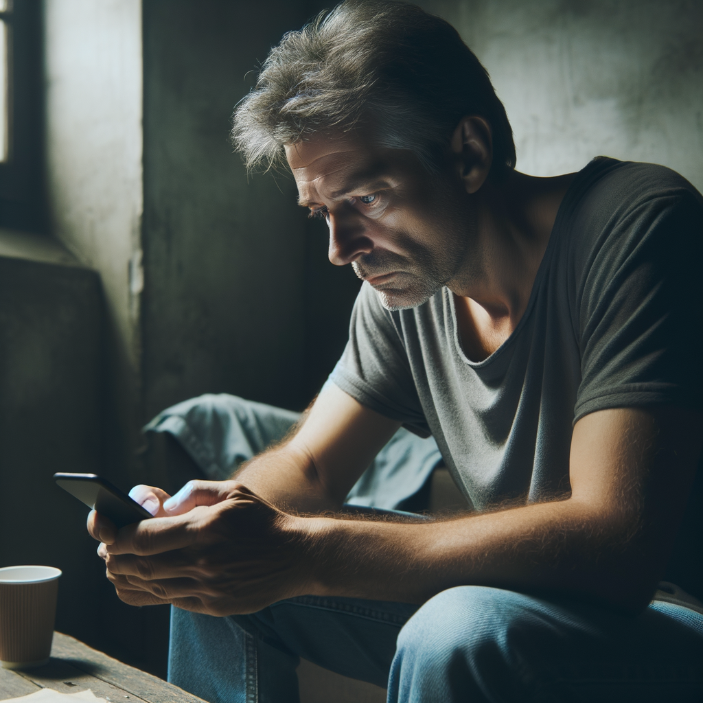 man looking at phone feeling lonely